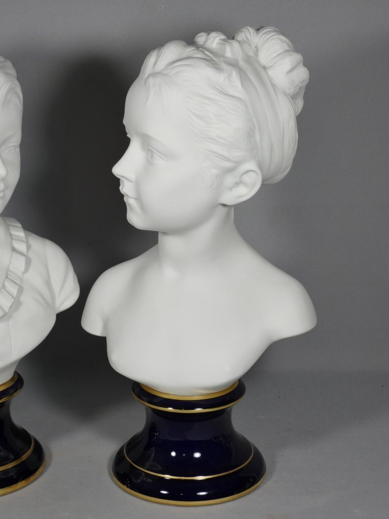 Pair Of Busts "the Brongniart Children" After Houdon, Limoges Tharaud Biscuit Porcelain-photo-3