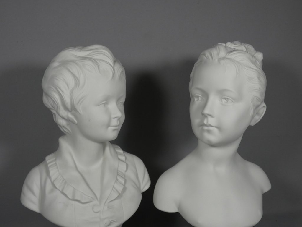 Pair Of Busts "the Brongniart Children" After Houdon, Limoges Tharaud Biscuit Porcelain-photo-4