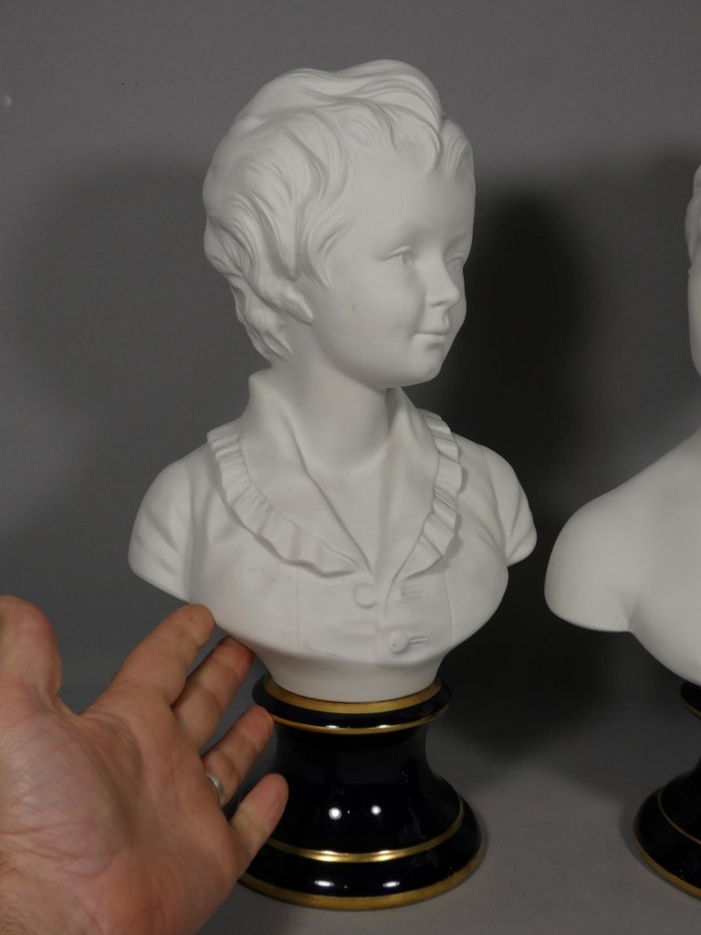 Pair Of Busts "the Brongniart Children" After Houdon, Limoges Tharaud Biscuit Porcelain-photo-2