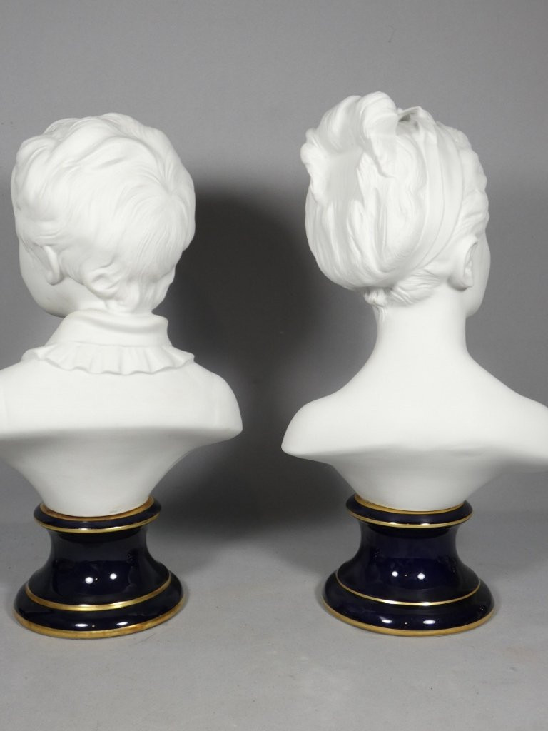 Pair Of Busts "the Brongniart Children" After Houdon, Limoges Tharaud Biscuit Porcelain-photo-3