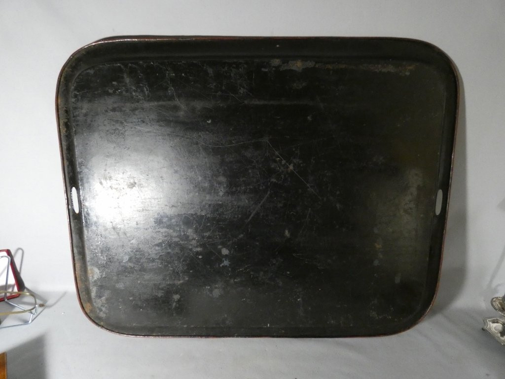 Grand plateau (81 cm) Napoléon III en tôle peinte façon palissandre et doré, époque XIX ème-photo-3