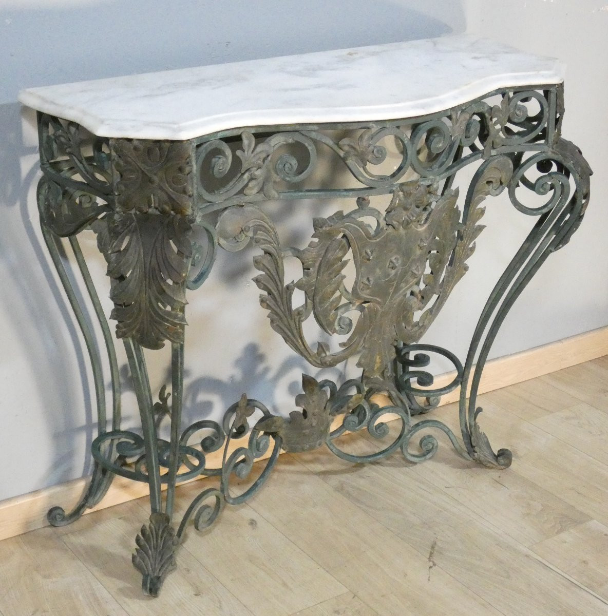 Wrought Iron, Sheet Metal And Marble Console In The Louis XV Style, Mid-20th Century-photo-2
