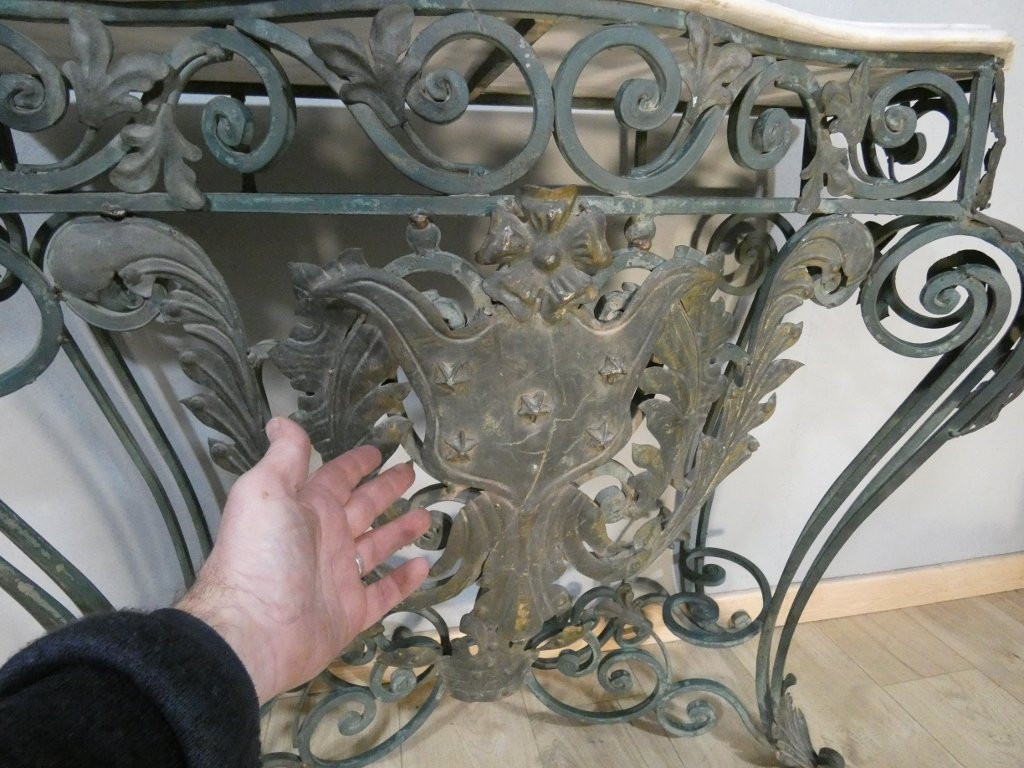 Wrought Iron, Sheet Metal And Marble Console In The Louis XV Style, Mid-20th Century-photo-3