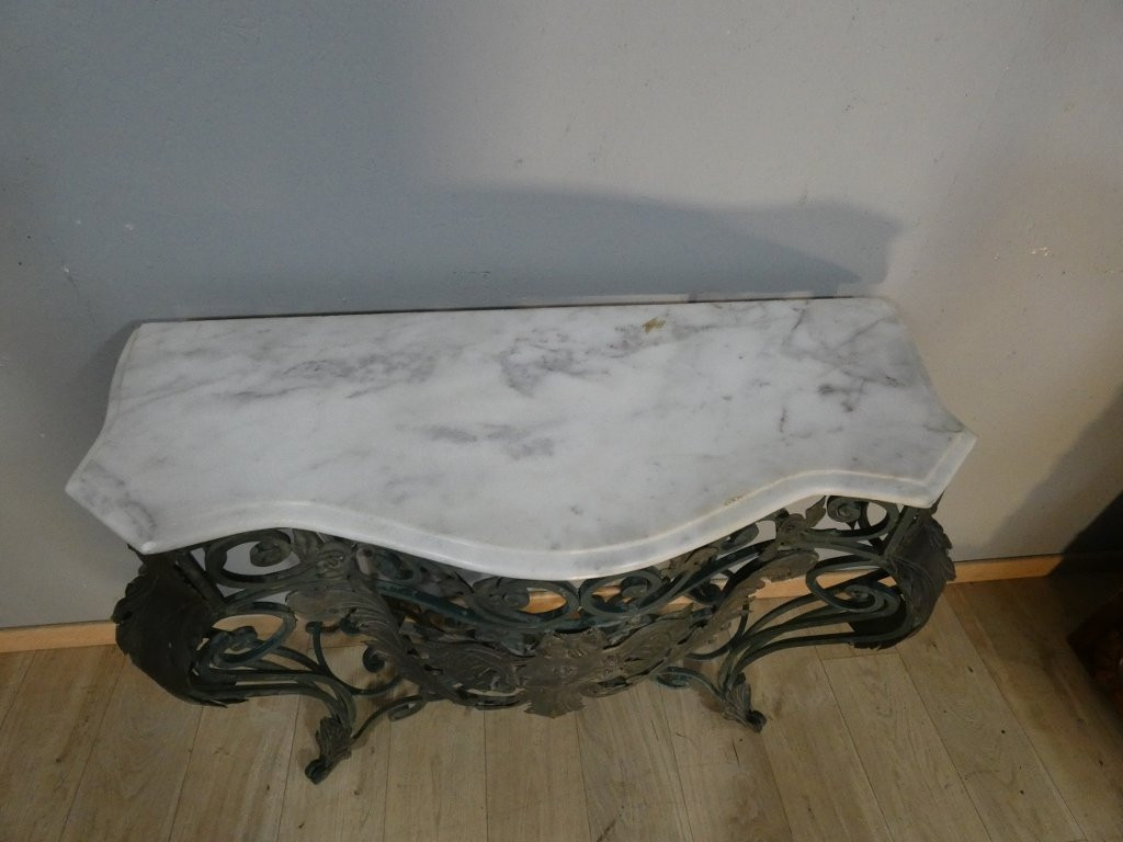 Wrought Iron, Sheet Metal And Marble Console In The Louis XV Style, Mid-20th Century-photo-6