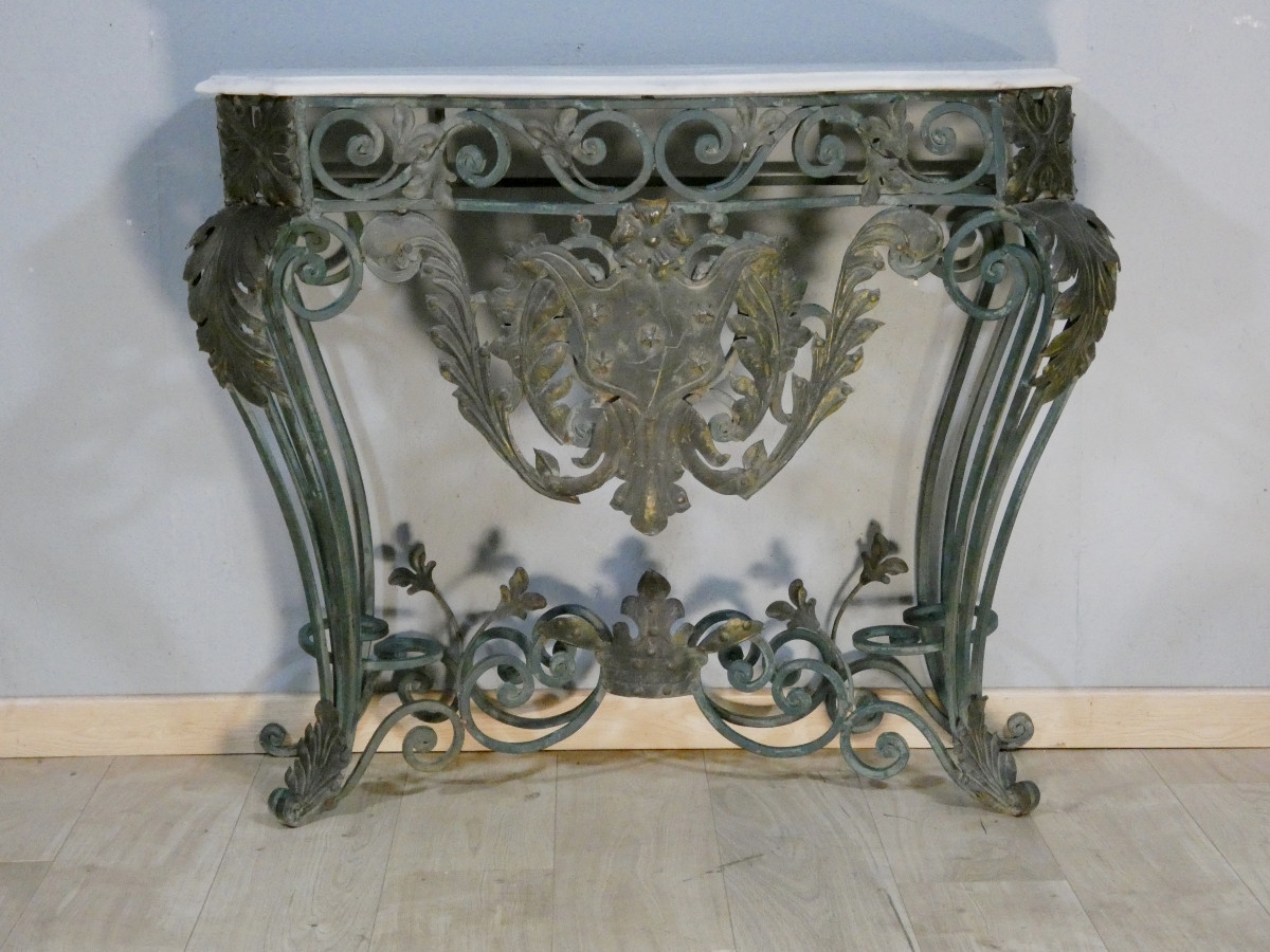 Wrought Iron, Sheet Metal And Marble Console In The Louis XV Style, Mid-20th Century