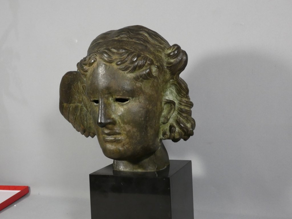 Hypnos, Dieu du sommeil, tête en bronze et base en marbre, époque XIX ème-photo-2