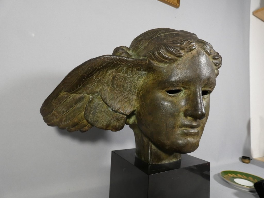 Hypnos, Dieu du sommeil, tête en bronze et base en marbre, époque XIX ème-photo-4