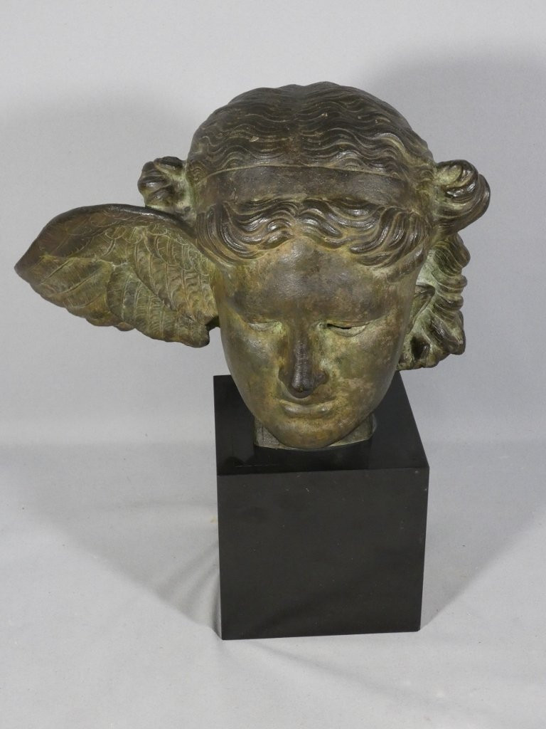 Hypnos, Dieu du sommeil, tête en bronze et base en marbre, époque XIX ème-photo-1
