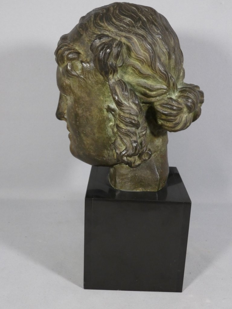 Hypnos, Dieu du sommeil, tête en bronze et base en marbre, époque XIX ème-photo-3