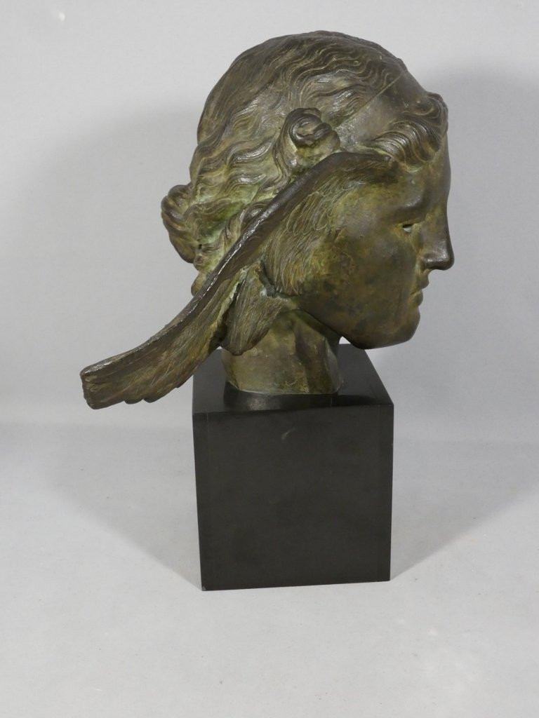 Hypnos, Dieu du sommeil, tête en bronze et base en marbre, époque XIX ème-photo-5