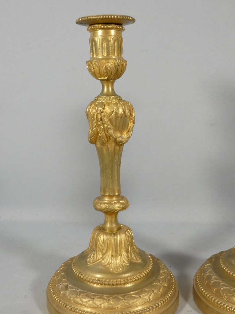 Pair Of Louis XVI Style Gilt Bronze Candlesticks, 18th Century-photo-2