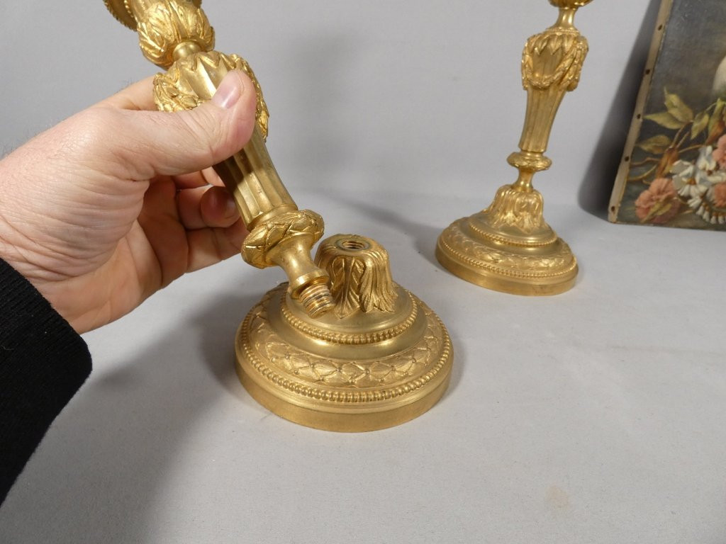 Pair Of Louis XVI Style Gilt Bronze Candlesticks, 18th Century-photo-4