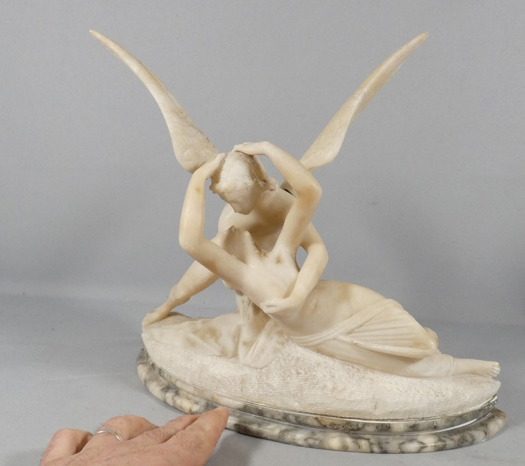 Psyche And Cupid, Alabaster Sculpture After Canova, Italy, Early 20th Century-photo-3