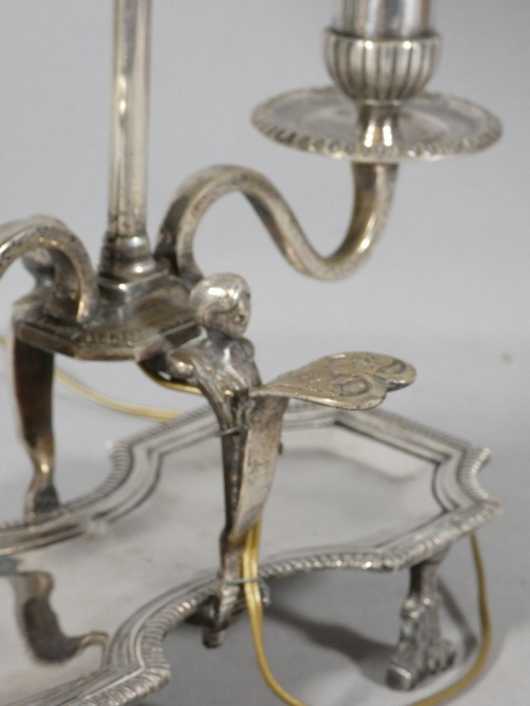 Lampe bouillotte Régence en bronze argenté, époque XVIII ème siècle-photo-4