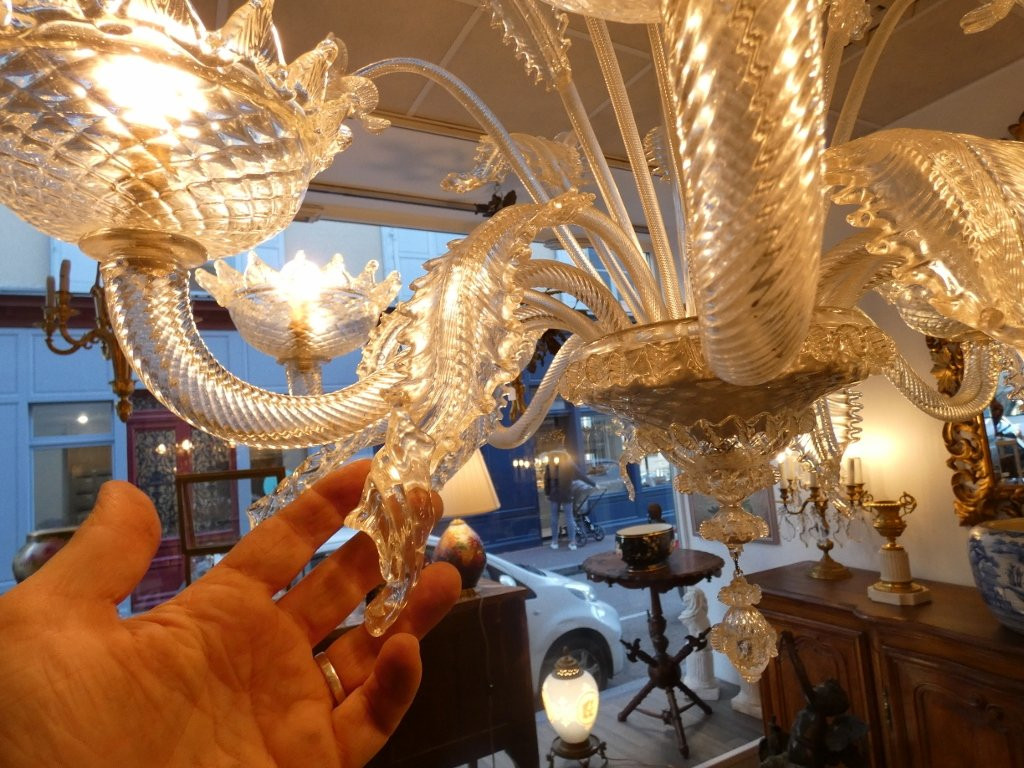 Lustre en verre de Murano 8 lumières, couleur translucide, époque milieu XX ème-photo-5