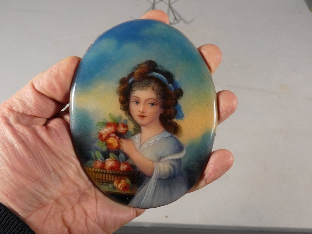 Camille Fauré Limoges, Enamel Medallion On Copper, Young Woman With Roses-photo-4
