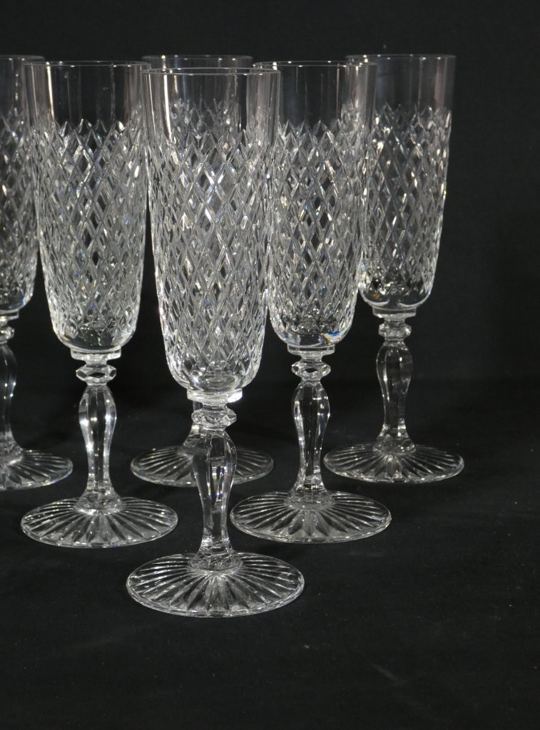 Saint Louis Crystal, Tacite Model, 6 Cut Crystal Champagne Flutes-photo-2