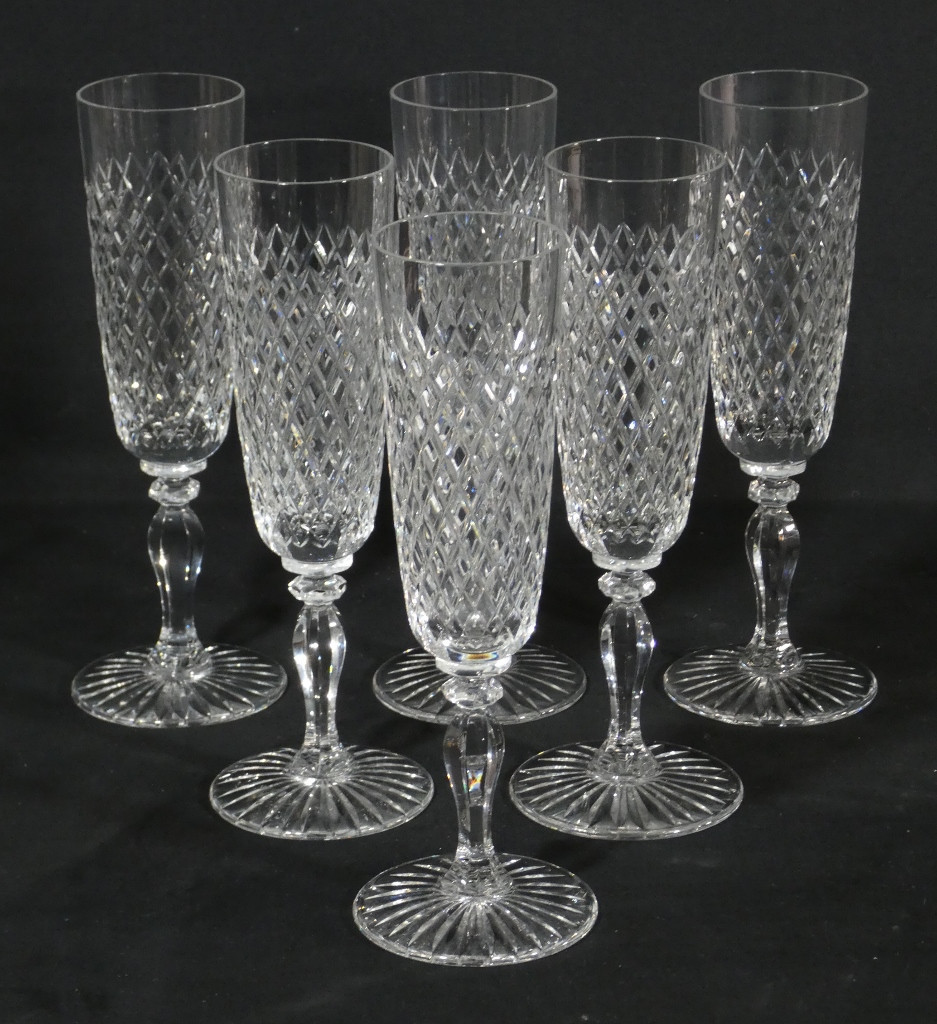 Saint Louis Crystal, Tacite Model, 6 Cut Crystal Champagne Flutes