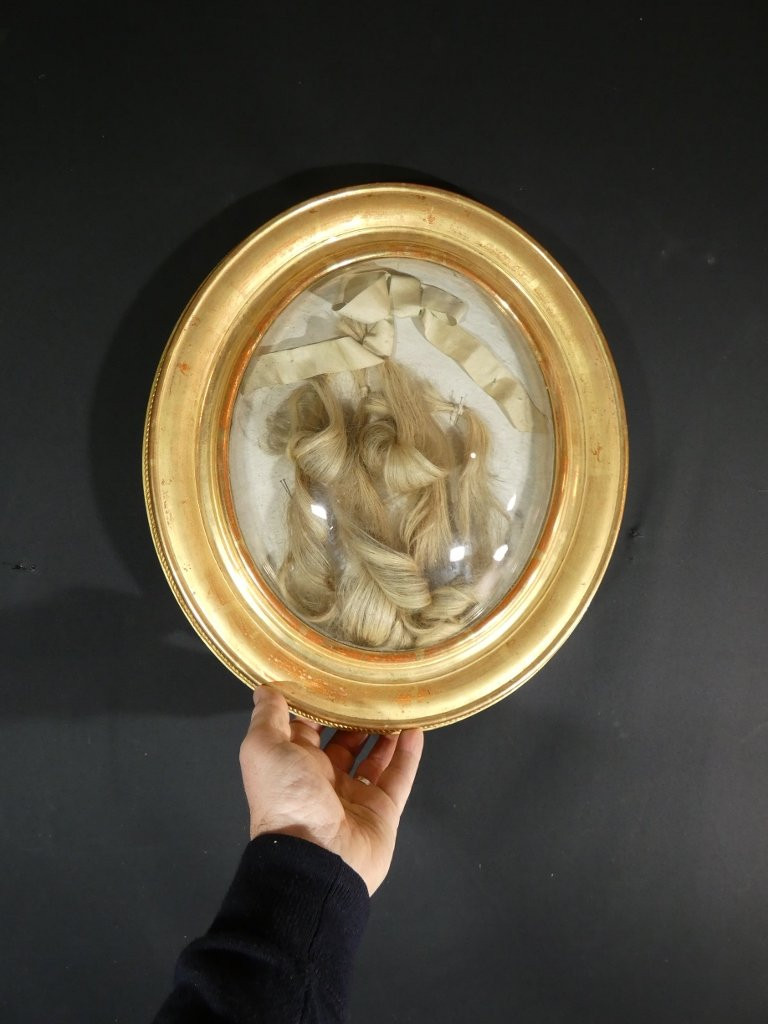 Reliquary Frame With Hair In Gilt Wood And Convex Glass, Napoleon III Period-photo-2