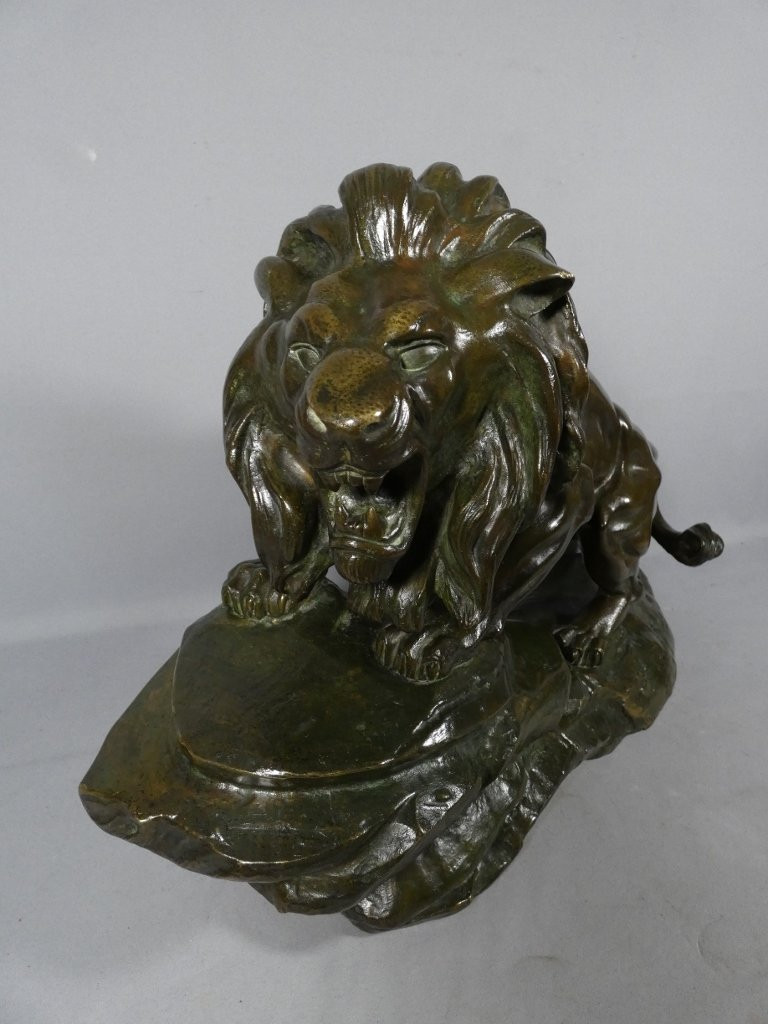 The Lion, A Large Bronze Animal Sculpture Signed Nérin, Early 20th Century-photo-2