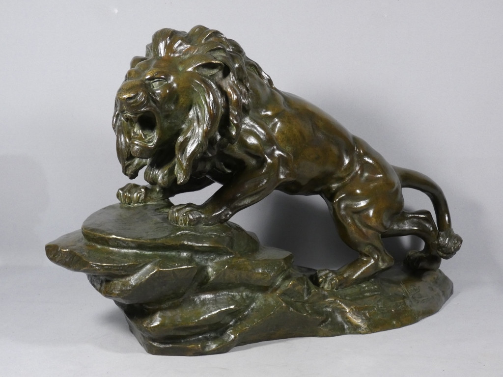 The Lion, A Large Bronze Animal Sculpture Signed Nérin, Early 20th Century