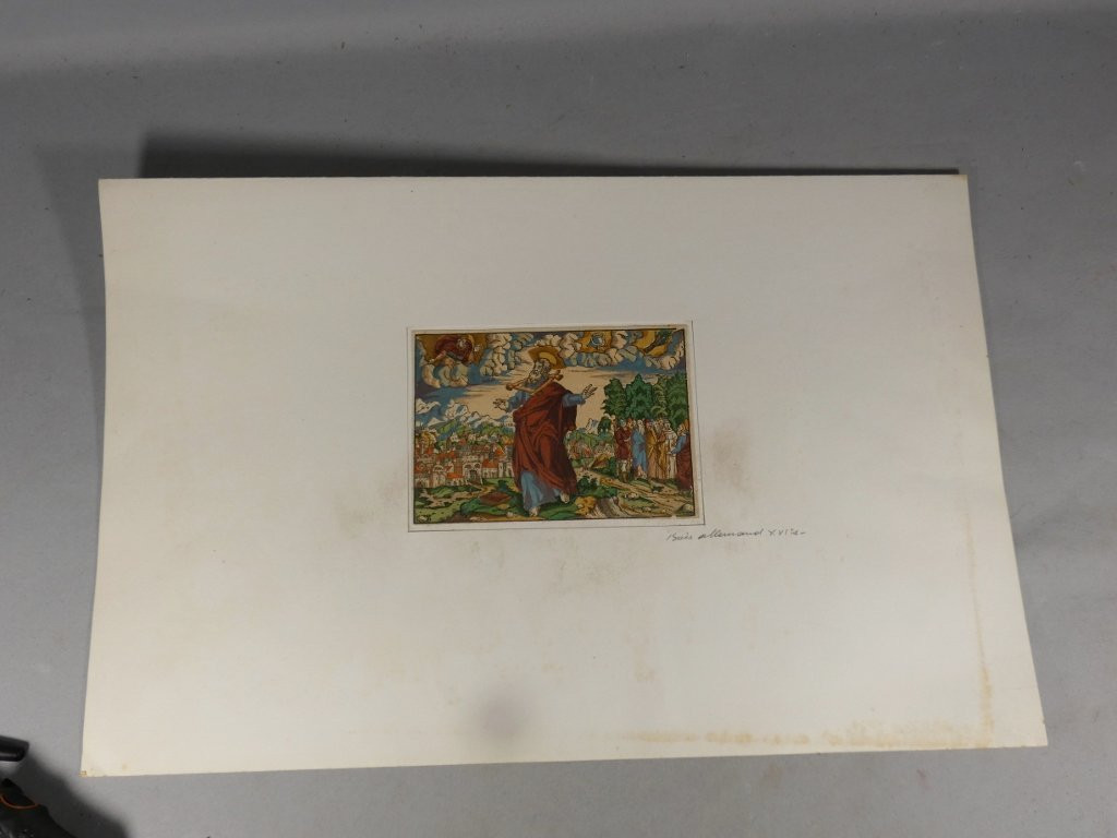 Gravure colorée d'époque XVI ème siècle, bois allemand, scène de la Bible-photo-2