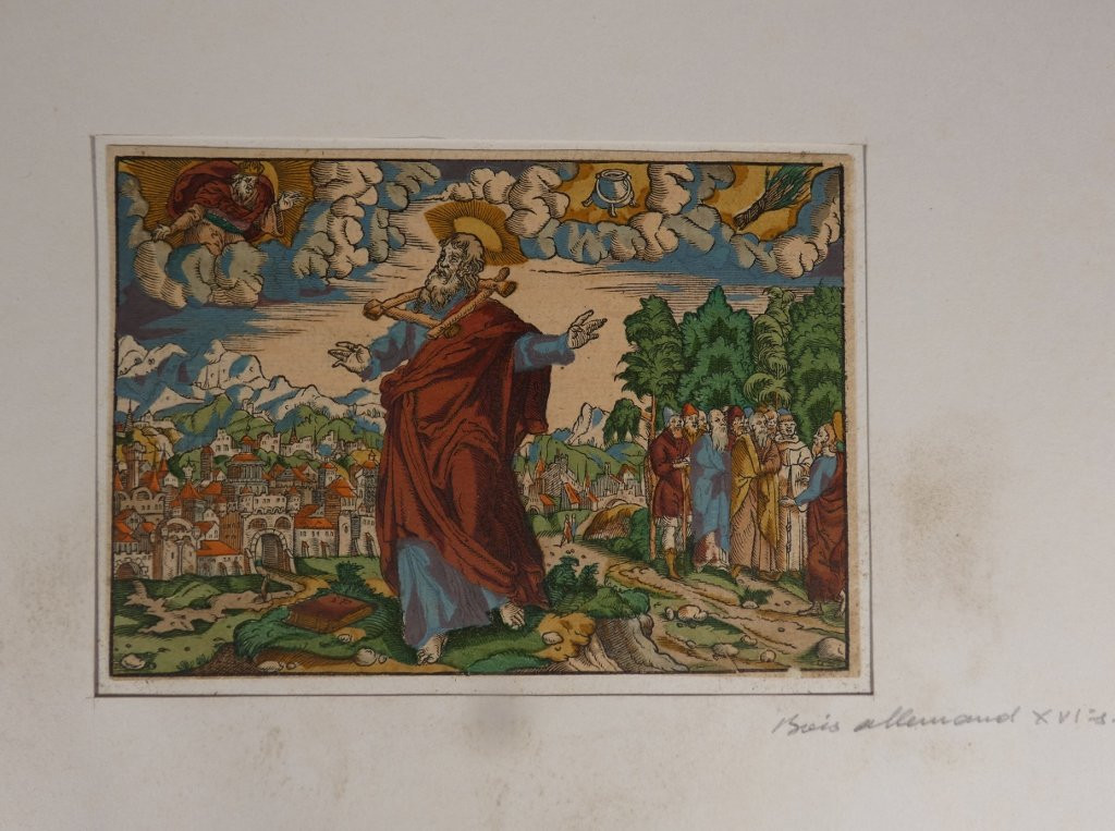 Gravure colorée d'époque XVI ème siècle, bois allemand, scène de la Bible-photo-3