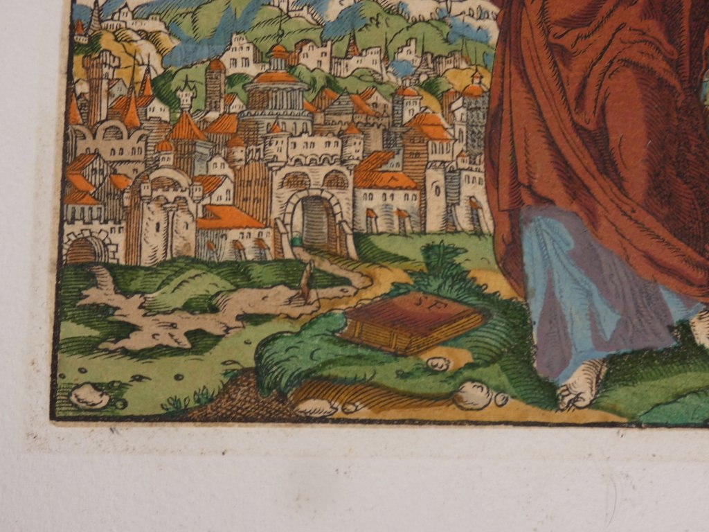 Gravure colorée d'époque XVI ème siècle, bois allemand, scène de la Bible-photo-1