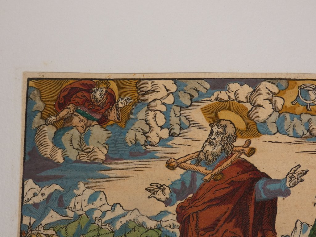 Gravure colorée d'époque XVI ème siècle, bois allemand, scène de la Bible-photo-2