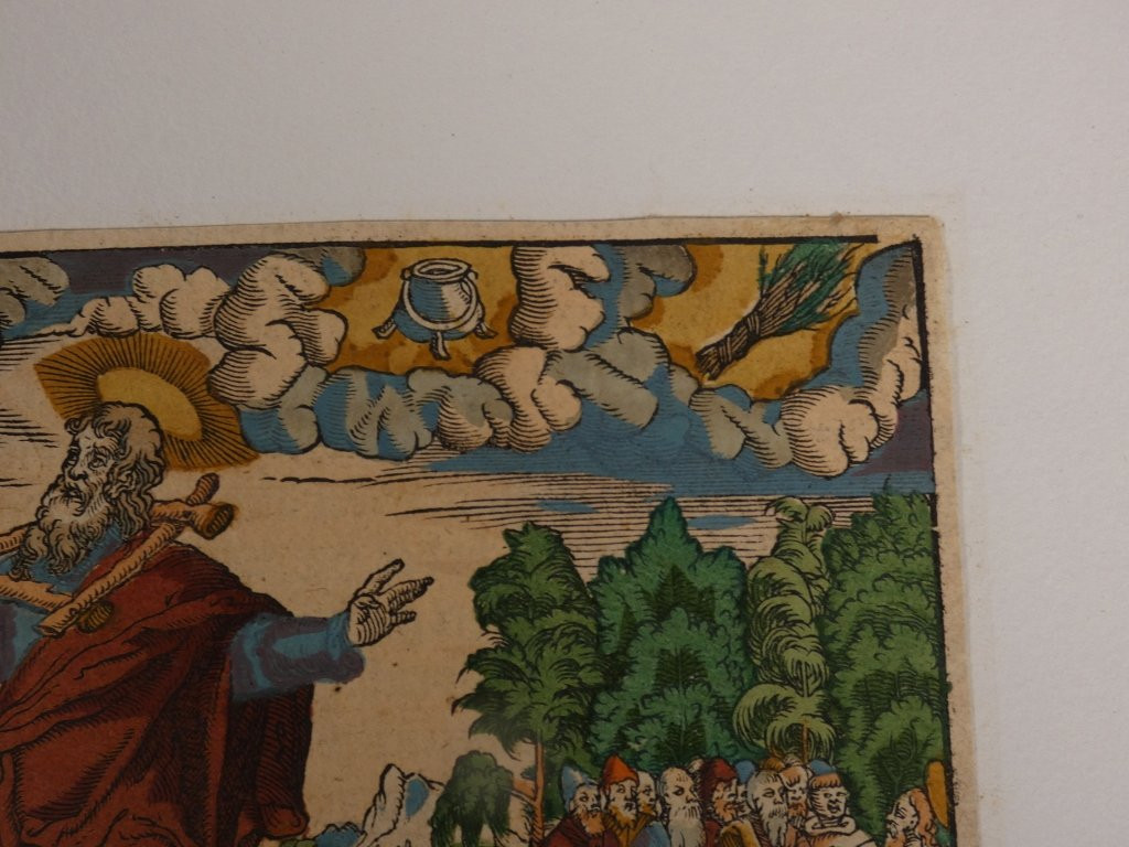 Gravure colorée d'époque XVI ème siècle, bois allemand, scène de la Bible-photo-3