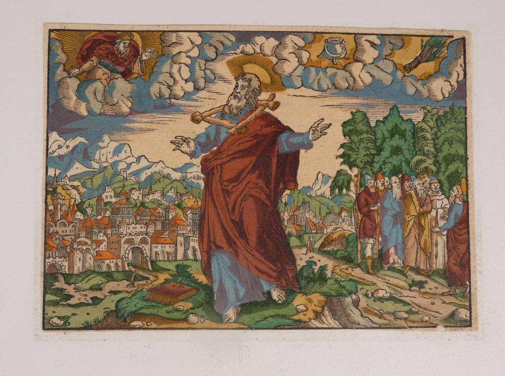 Gravure colorée d'époque XVI ème siècle, bois allemand, scène de la Bible