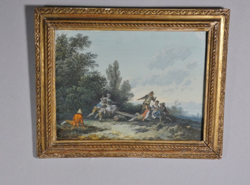 Gouache fin XVIII ème siècle, tableau personnages jouant dans paysage bucolique-photo-2