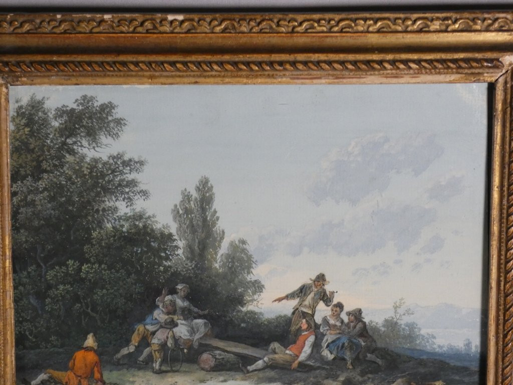 Gouache fin XVIII ème siècle, tableau personnages jouant dans paysage bucolique-photo-3