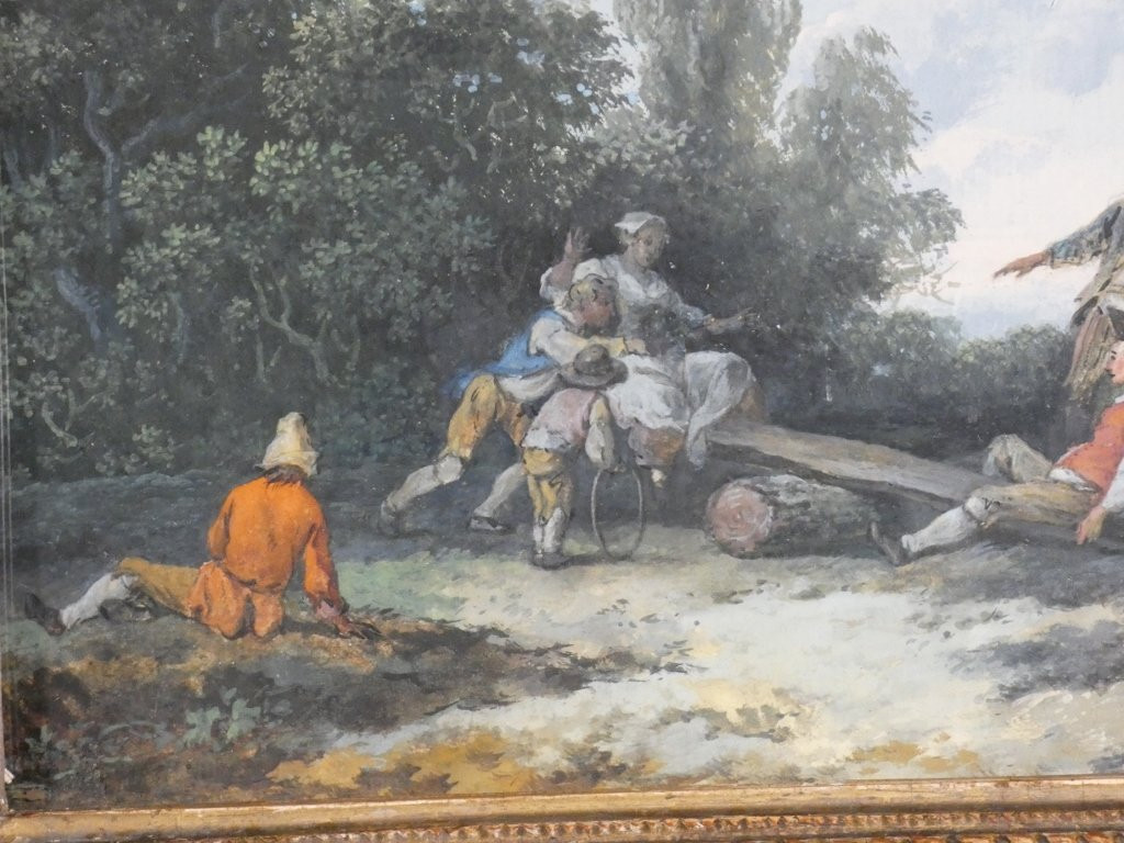 Gouache fin XVIII ème siècle, tableau personnages jouant dans paysage bucolique-photo-1