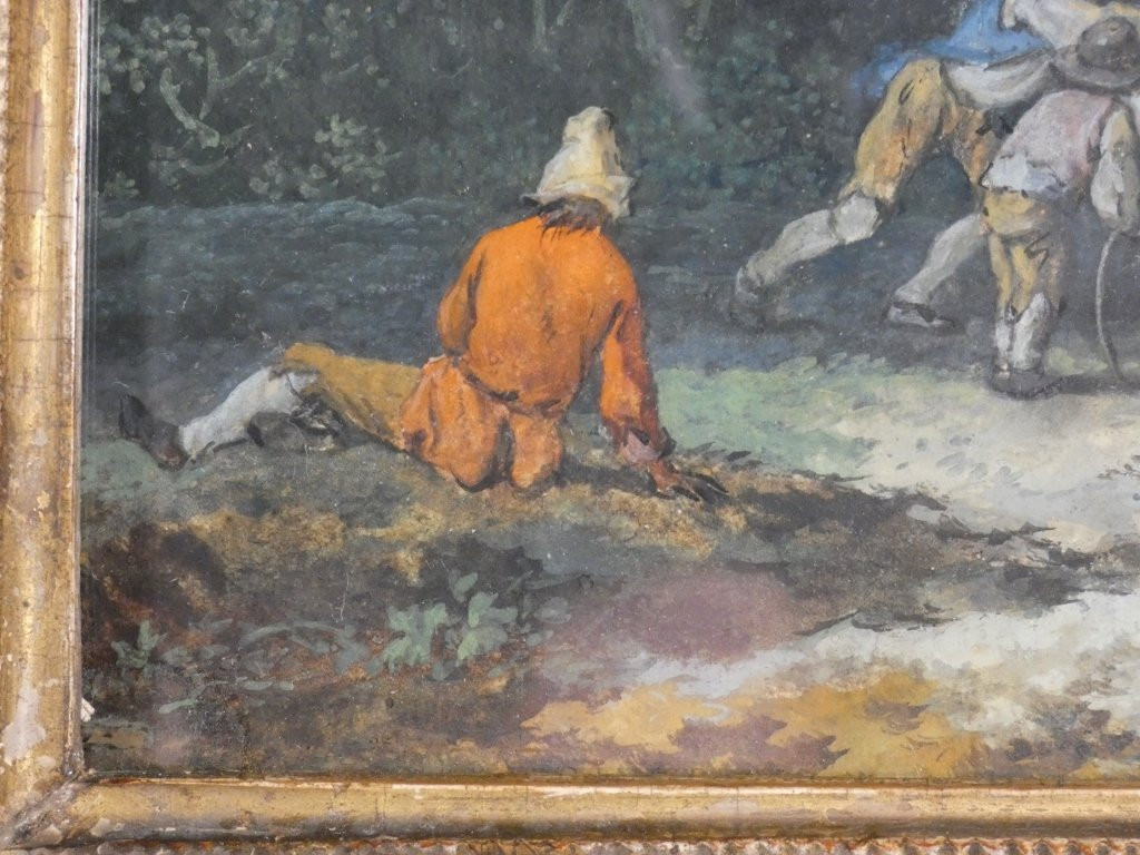Gouache fin XVIII ème siècle, tableau personnages jouant dans paysage bucolique-photo-3