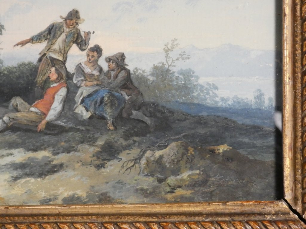 Gouache fin XVIII ème siècle, tableau personnages jouant dans paysage bucolique-photo-4