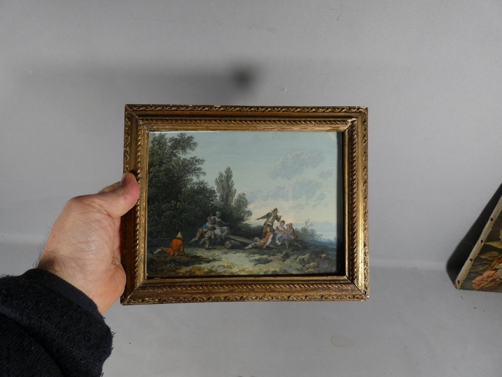 Gouache fin XVIII ème siècle, tableau personnages jouant dans paysage bucolique-photo-6