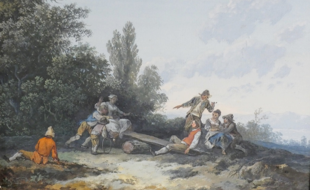 Gouache fin XVIII ème siècle, tableau personnages jouant dans paysage bucolique