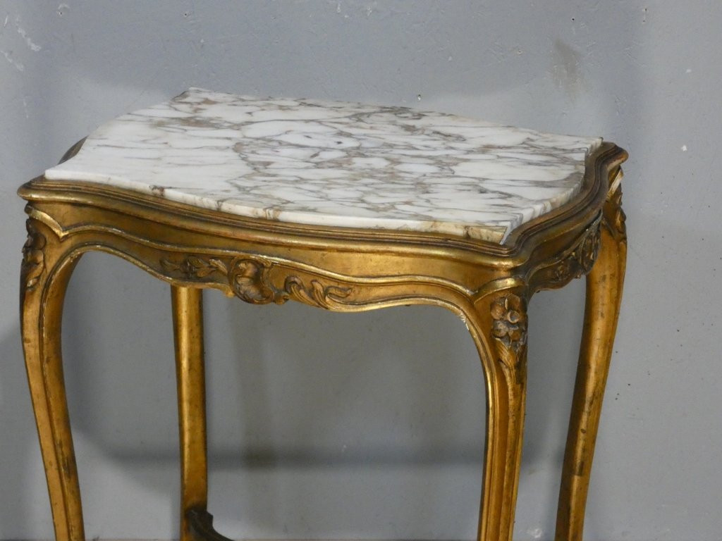 Table de milieu, guéridon de style Louis XV en bois doré et marbre, époque 1900-photo-3