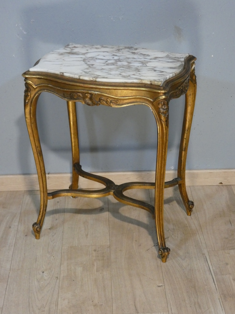 Table de milieu, guéridon de style Louis XV en bois doré et marbre, époque 1900-photo-2