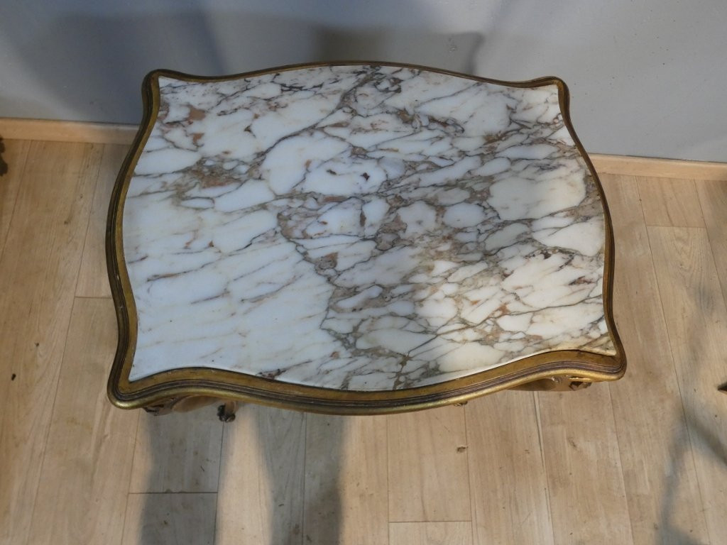 Table de milieu, guéridon de style Louis XV en bois doré et marbre, époque 1900-photo-2