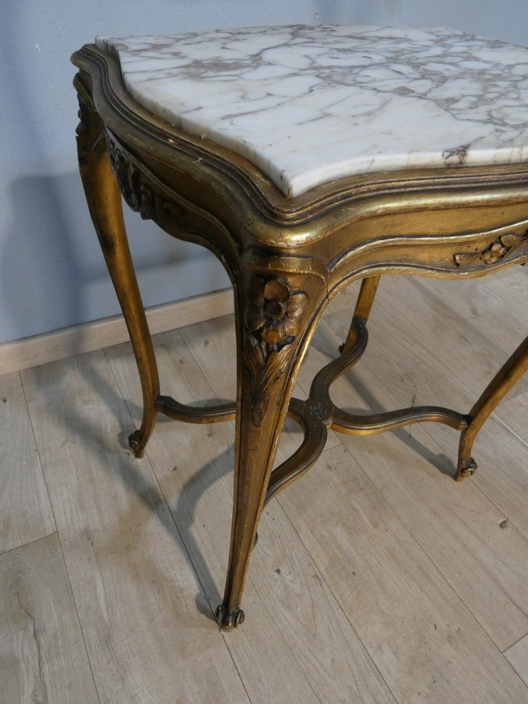 Table de milieu, guéridon de style Louis XV en bois doré et marbre, époque 1900-photo-4