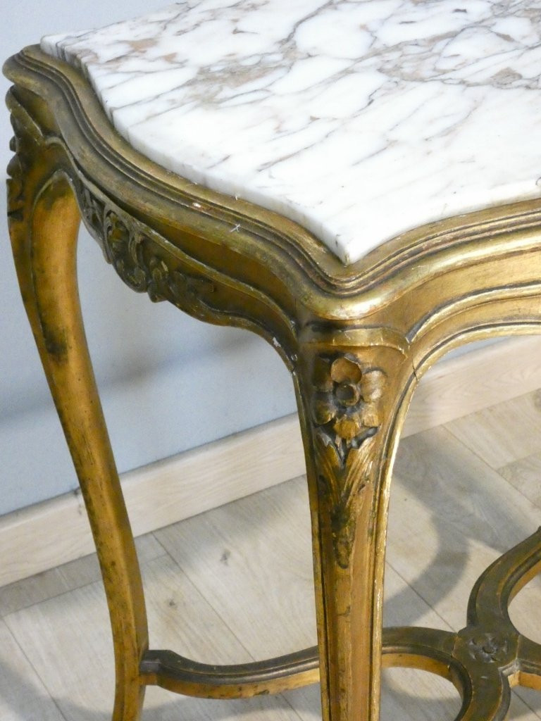 Table de milieu, guéridon de style Louis XV en bois doré et marbre, époque 1900-photo-7