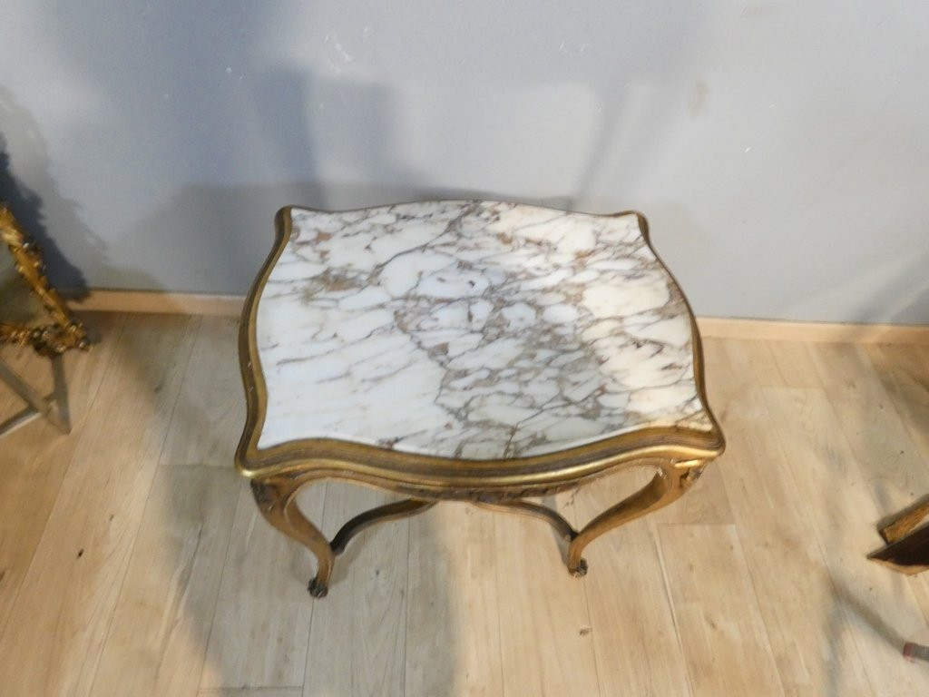 Table de milieu, guéridon de style Louis XV en bois doré et marbre, époque 1900-photo-8