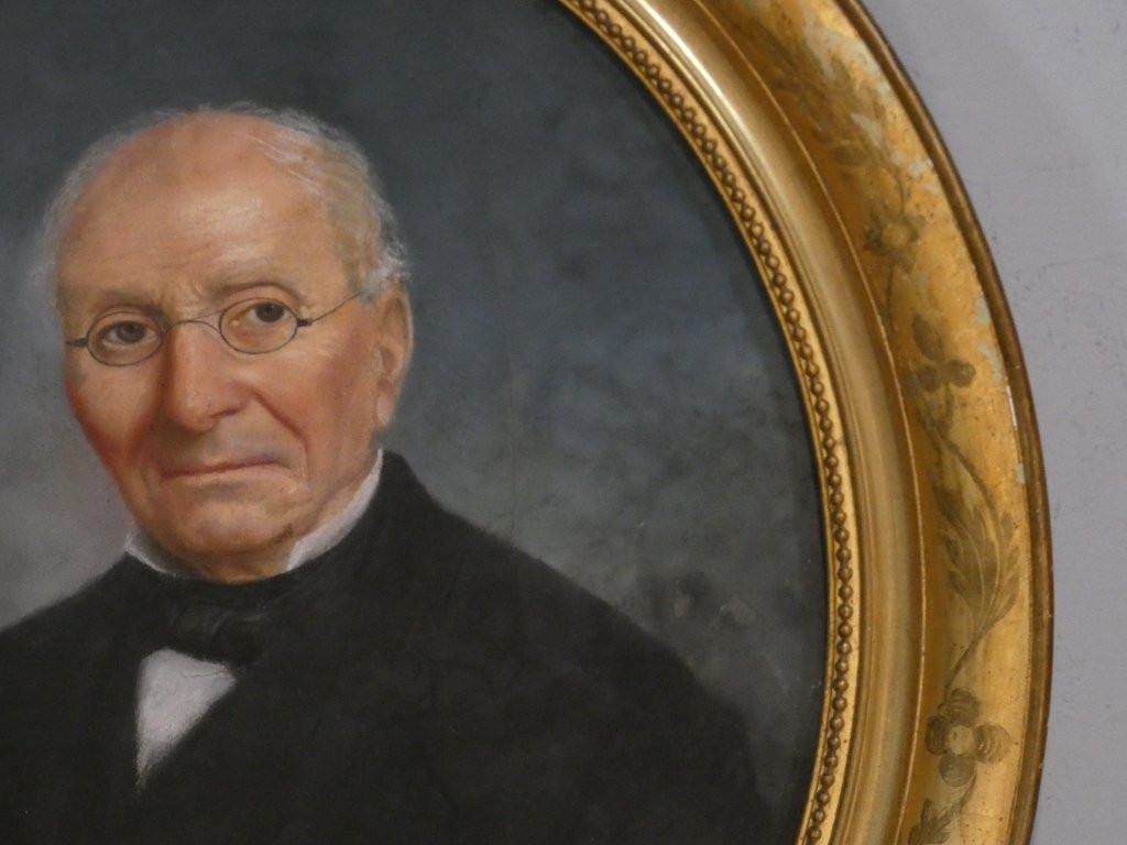 Large 19th-century Pastel Portrait Of A Man With Glasses, Dated 1868, Signed F. Laffargue, Giltwood Frame-photo-4