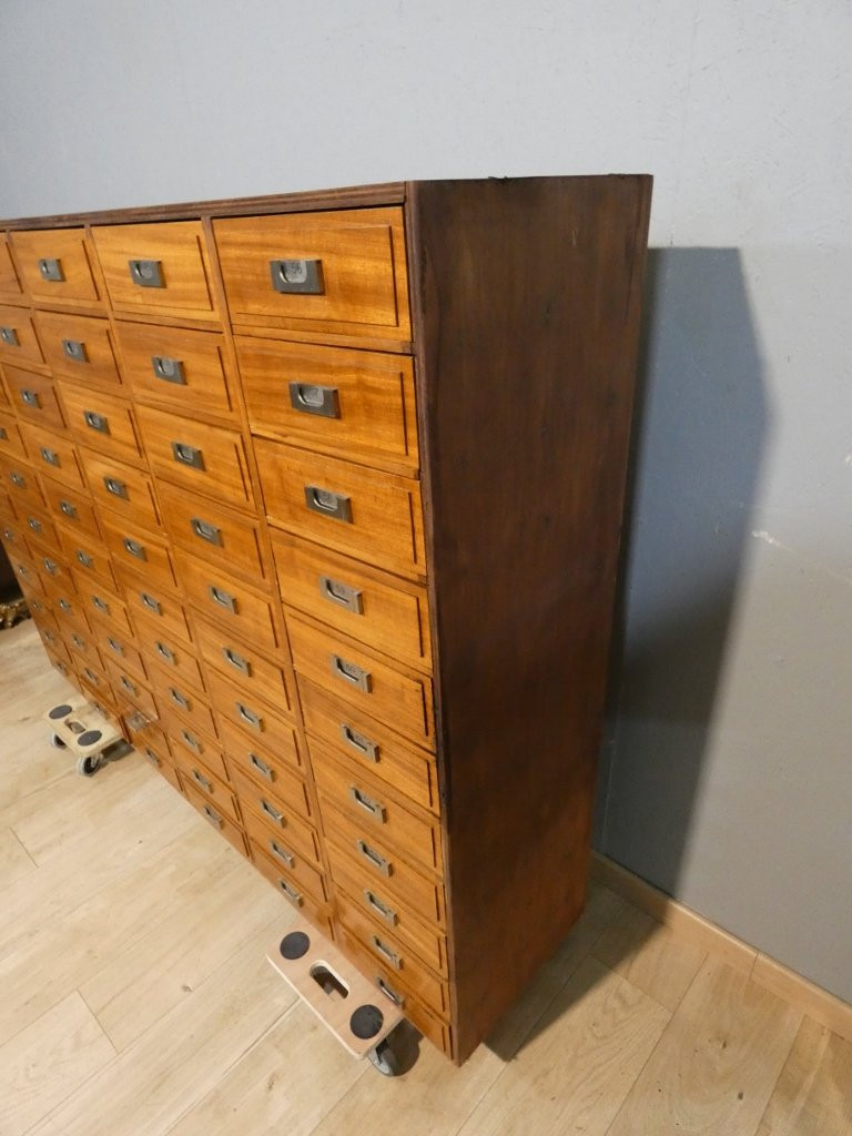 Meuble de métier à 66 tiroirs, magasin, mercerie, rangement, façade acajou, époque 1960-photo-6