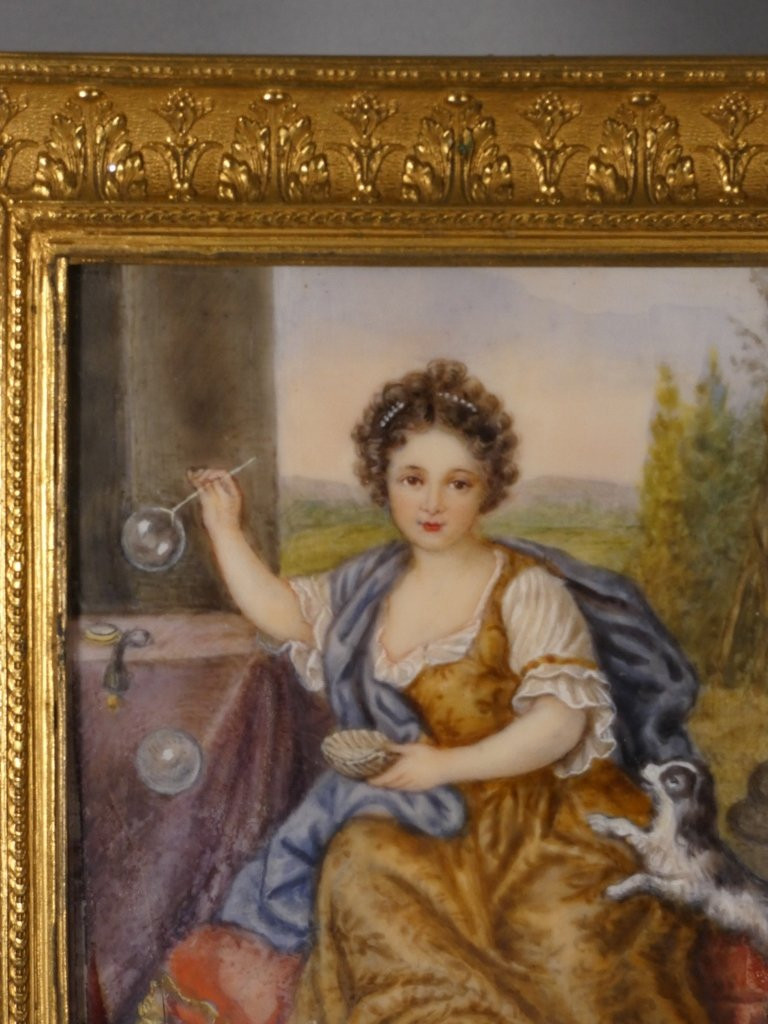 The Girl With Soap Bubbles After Mignard, Miniature Gouache Painting, 19th Century-photo-2