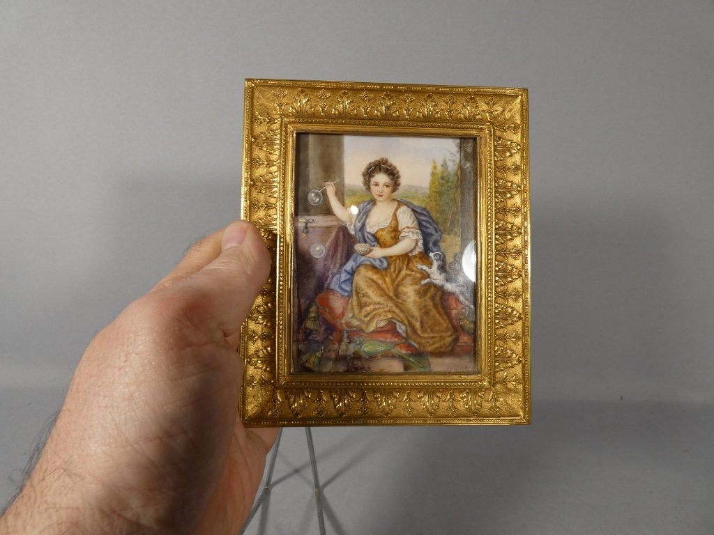 The Girl With Soap Bubbles After Mignard, Miniature Gouache Painting, 19th Century-photo-4