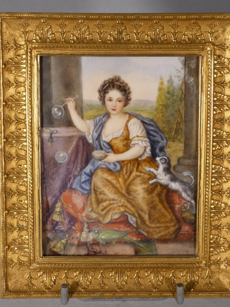 The Girl With Soap Bubbles After Mignard, Miniature Gouache Painting, 19th Century-photo-1