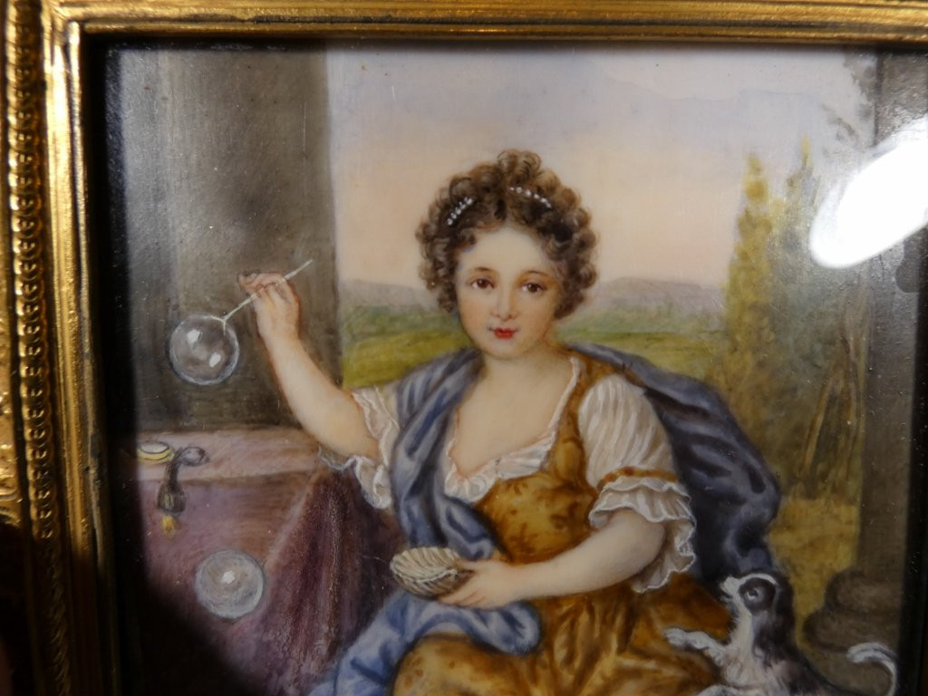 The Girl With Soap Bubbles After Mignard, Miniature Gouache Painting, 19th Century-photo-2